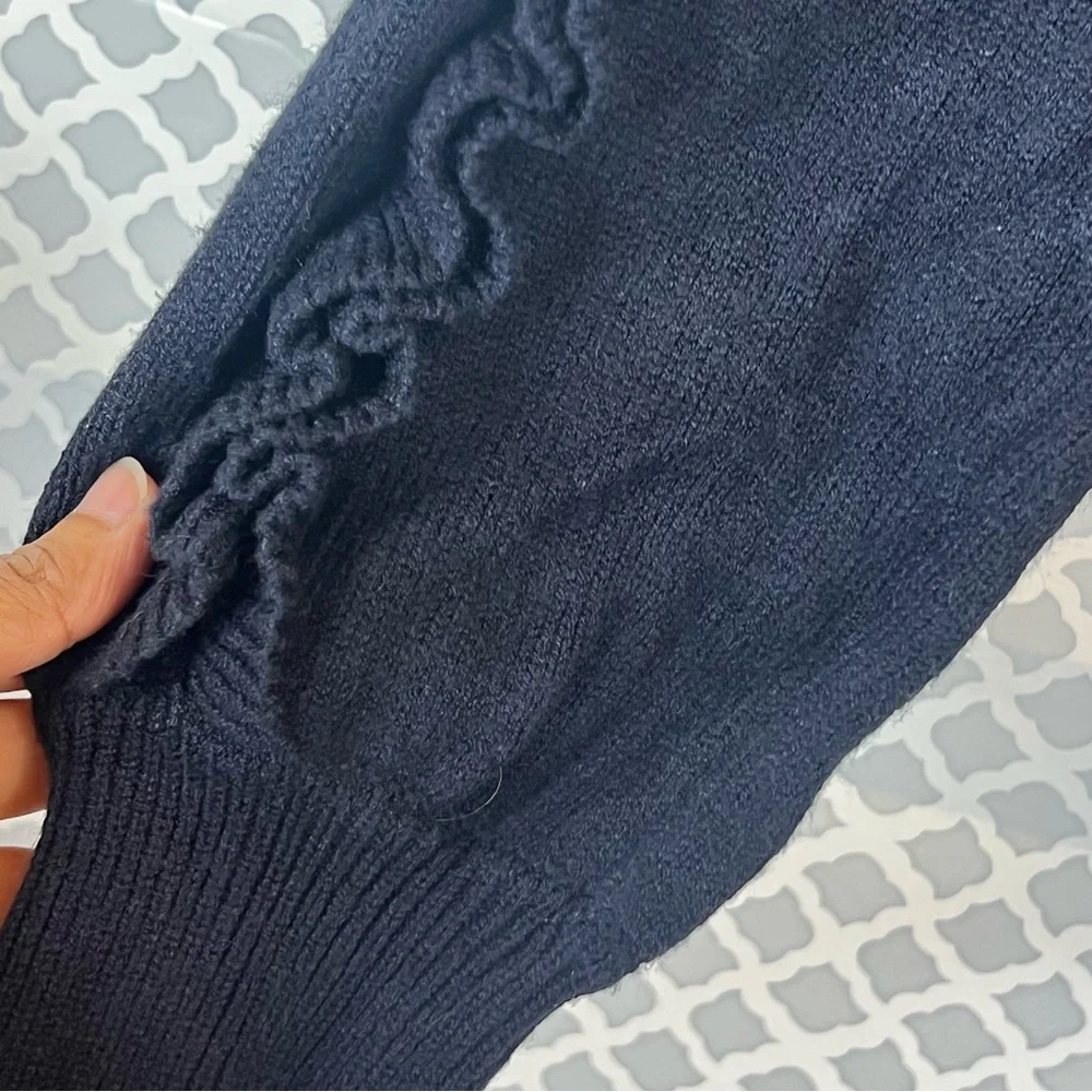 NWT Express Navy V Neck Ruffle Long Sleeve Knot Sweater